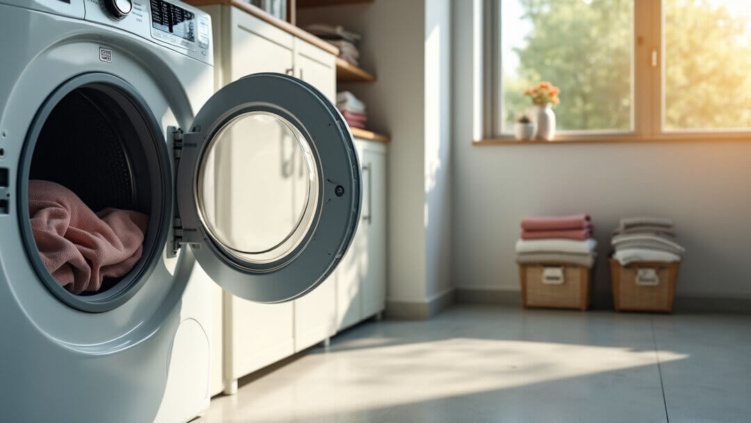 Person placing a clean lint filter into a front-loading dryer in a bright, organized laundry room, promoting efficient dryer maintenance.