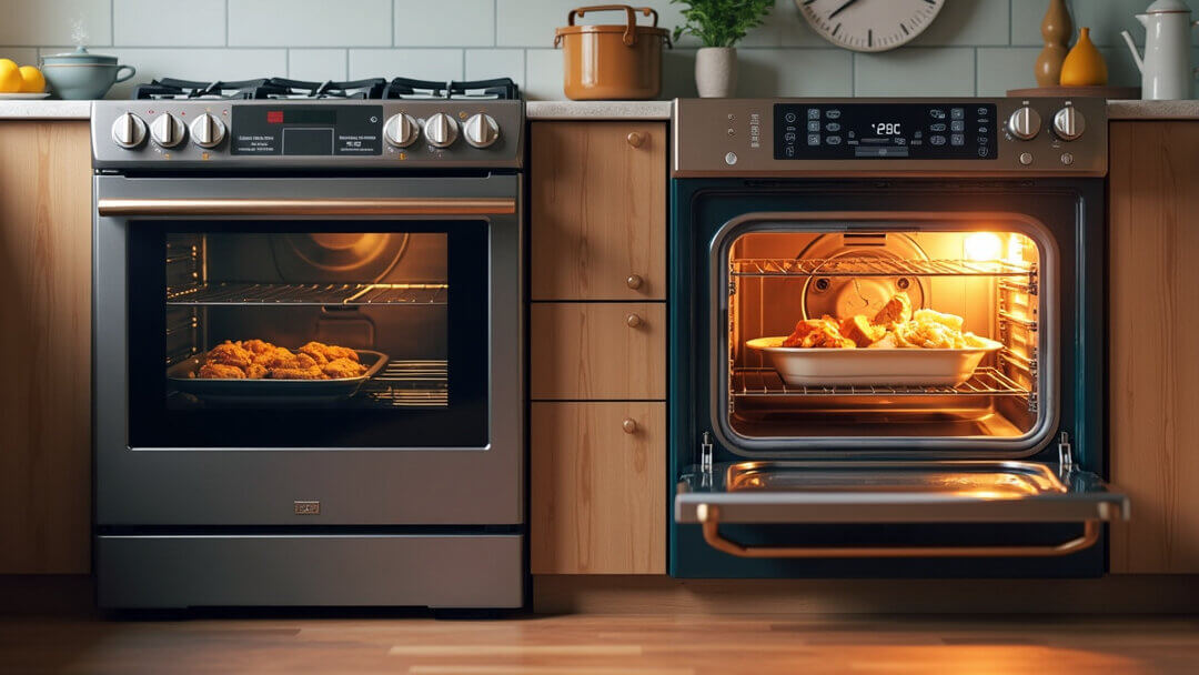 Modern kitchen with gas and electric ovens side by side, highlighting energy efficiency and cooking versatility