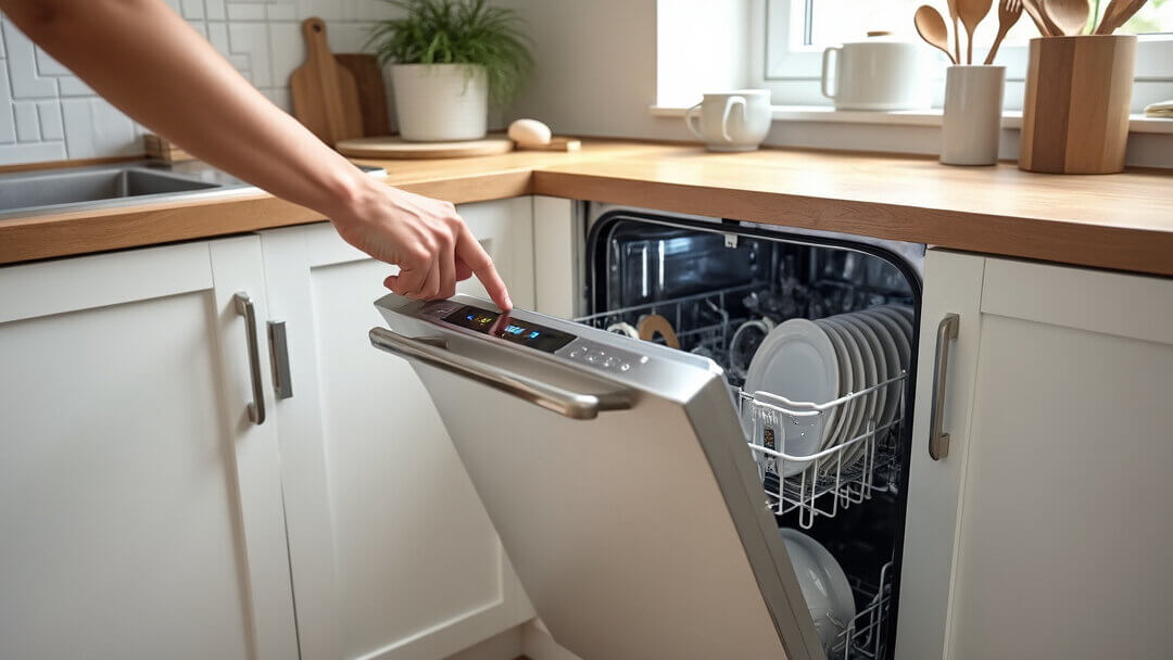 A modern kitchen with an open dishwasher, control panel visible, and a hand about to press the reset button.