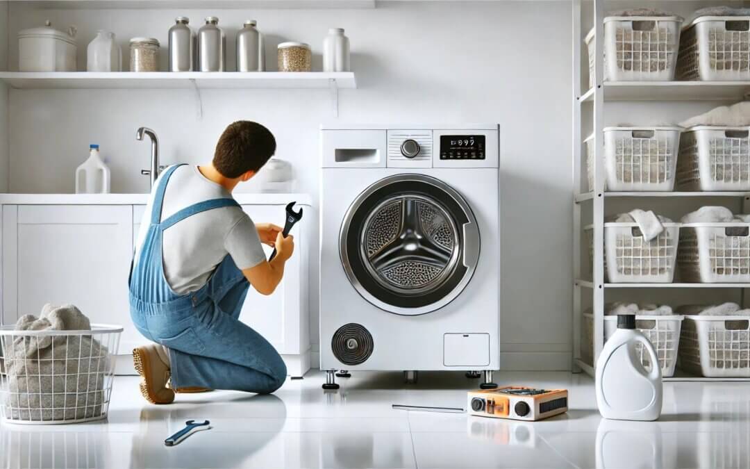 Person adjusting a tilted washing machine's leveling legs in a bright laundry room to fix wobbling issues with simple tools.