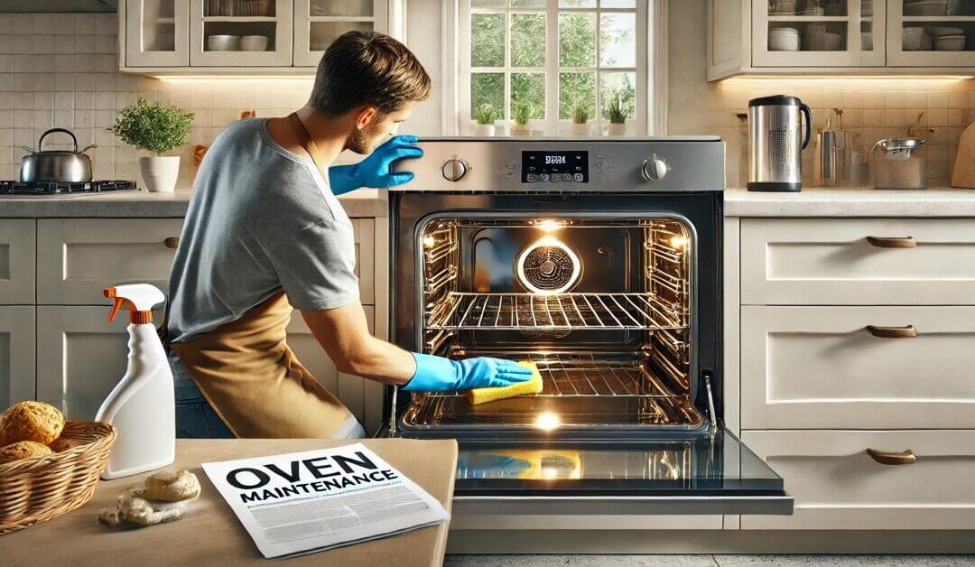 Person cleaning the inside of an open oven in a modern kitchen, with "The Ultimate Guide to Oven Maintenance" manual on the counter.