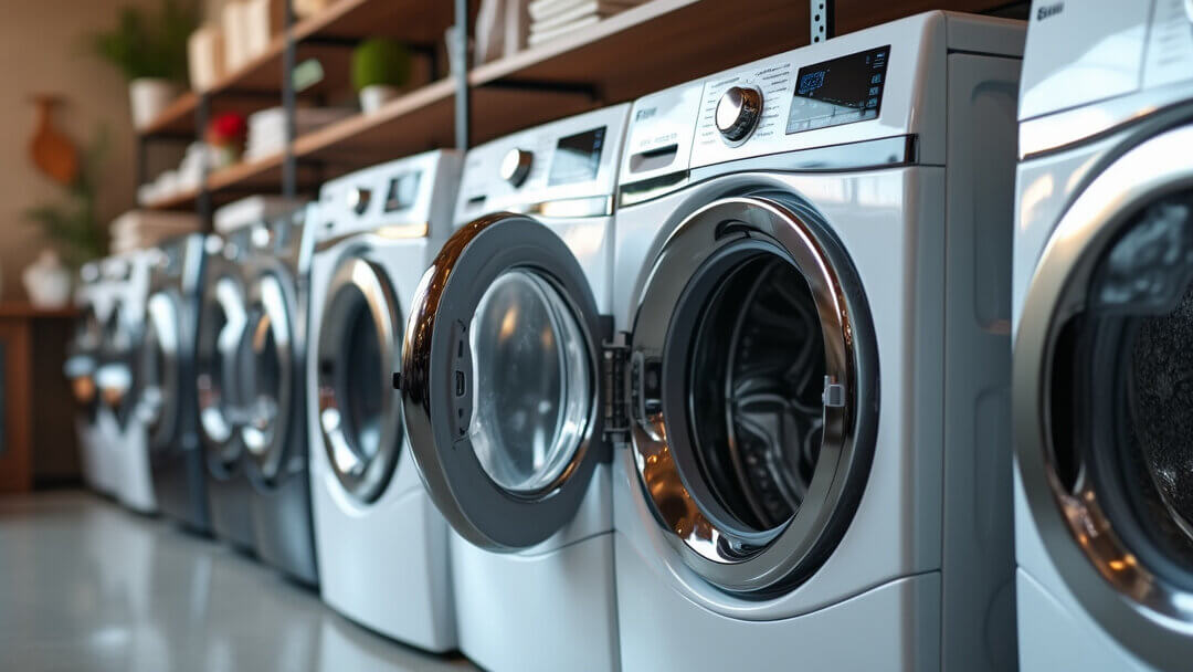 Modern showroom displaying various washing machines, both front-load and top-load, highlighting the 2024 guide to finding the perfect fit for your home.