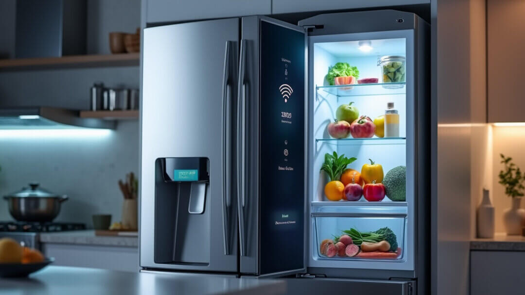 Modern smart refrigerator in a stylish kitchen with touchscreen display and Wi-Fi connectivity, representing best smart fridges of 2024.