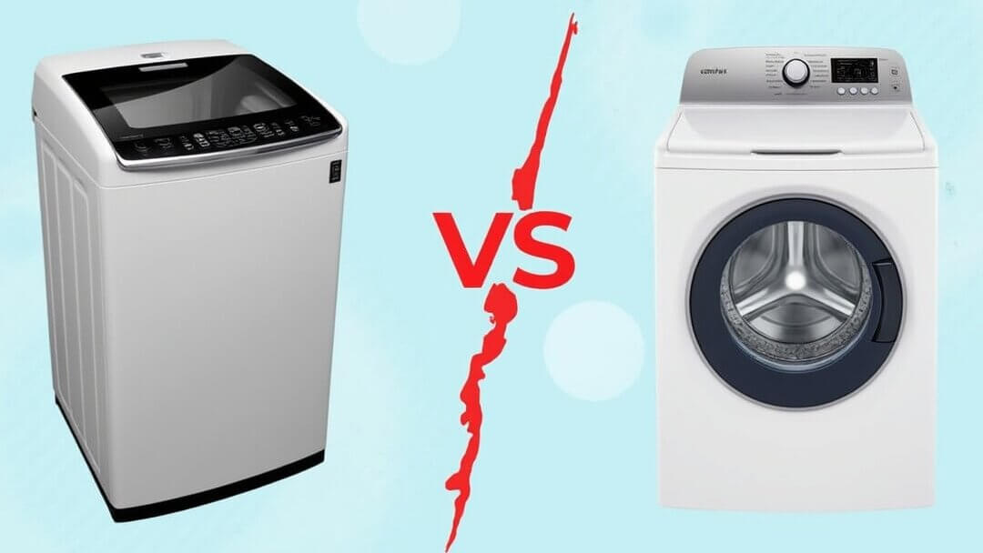 Comparison of front-load and top-load washing machines in a modern laundry room, showcasing design and functional differences.