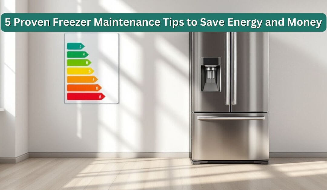 A modern stainless steel freezer standing in a bright, minimalistic kitchen. A colorful energy efficiency chart is mounted on the wall nearby, symbolizing energy-saving efforts.