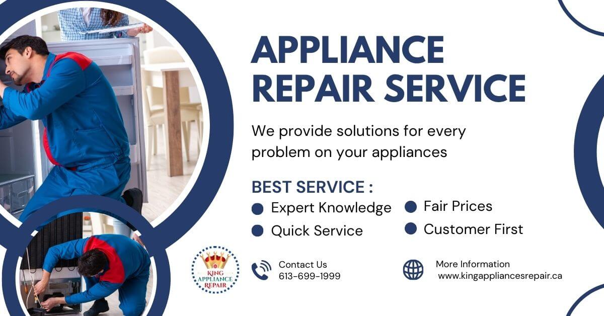 A professional appliance repair technician in a blue uniform is working on a refrigerator in a modern kitchen. The image features text highlighting King Appliance Repair's services, including expert knowledge, fair prices, quick service, and customer-first focus.