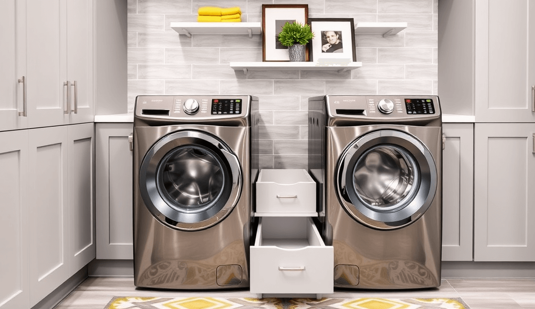 Modern laundry room with sleek stainless steel washer and dryer, surrounded by white cabinets, open shelves, and stylish decor.