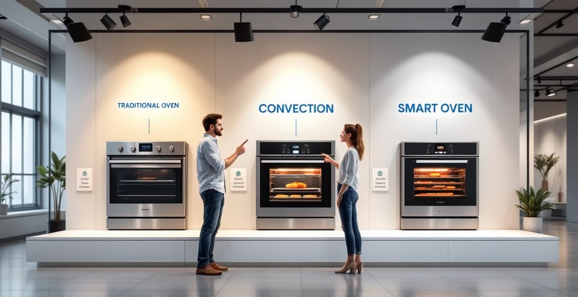 Two people discussing the features of three ovens displayed in a showroom: a traditional oven, a convection oven, and a smart oven. Each oven is showcased with labeled sections under spotlights.