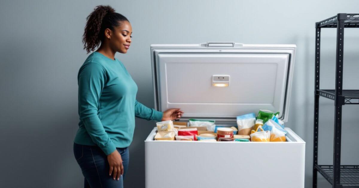 A woman standing beside an open chest freezer filled with neatly organized frozen food items in a well-lit room. She is inspecting the contents with a thoughtful expression.