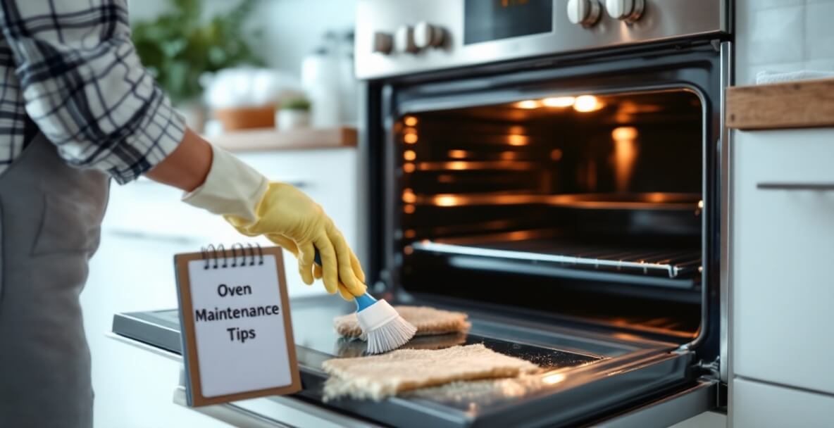 Person wearing yellow gloves cleaning an open oven with a brush and sponge. A small clipboard labeled "Oven Maintenance Tips" is placed nearby.