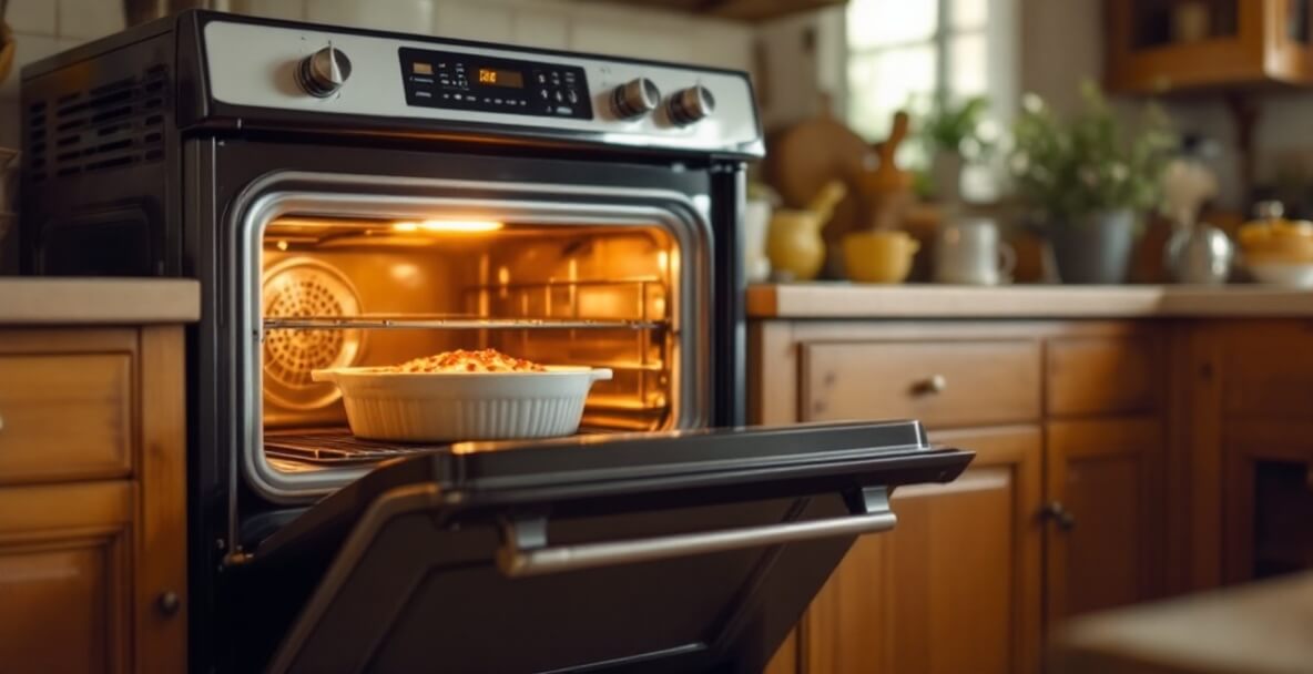 A convection oven in a warm, rustic kitchen baking a dish of casserole in a white ceramic dish. The oven door is open, and the fan inside is visible.