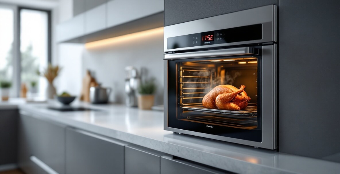 Modern kitchen with a sleek built-in oven cooking a roasted chicken. Steam rises from the perfectly golden-brown chicken inside the illuminated oven.