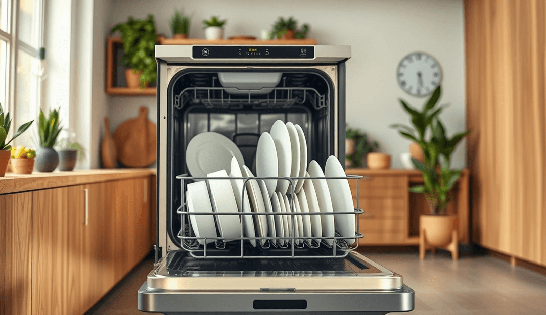 A modern, energy-efficient dishwasher in an eco-friendly kitchen with wooden cabinets and indoor plants. The dishwasher is partially open, showcasing clean, water-efficient dishes inside.