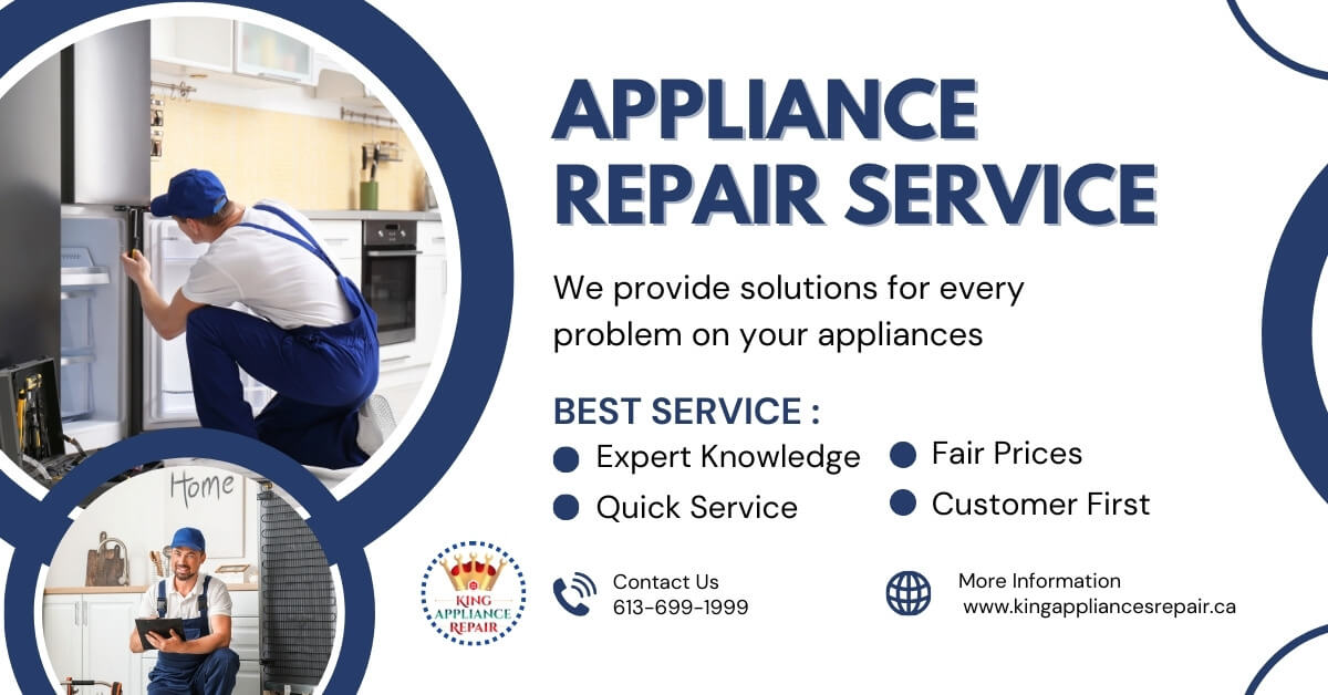 echnician repairing a refrigerator, appliance repair service banner with key features: expert knowledge, quick service, fair prices, and customer-first approach. Contact details and website link included.