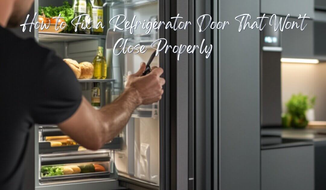 A person adjusting the door of a modern refrigerator in a sleek kitchen. The refrigerator door is slightly open, revealing neatly organized food items inside.