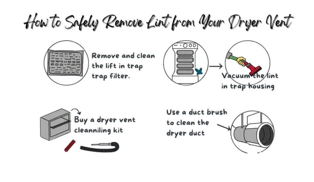 Step-by-step guide to safely remove lint from a dryer vent, including cleaning the filter, vacuuming, and using a duct brush.