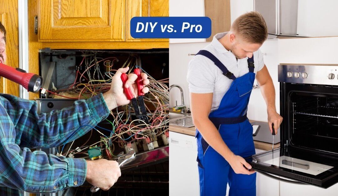 A split-screen image showing a frustrated DIY enthusiast struggling with tangled appliance wires on the left and a professional technician confidently repairing an oven on the right.