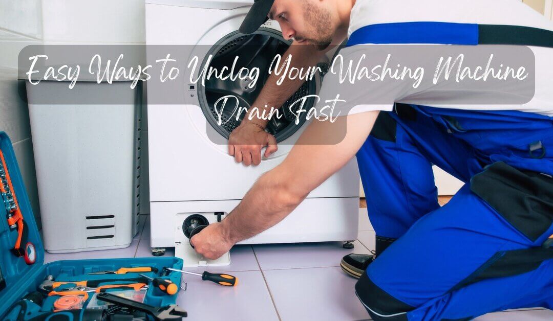 A technician in a blue uniform unclogs a washing machine drain using tools in a well-lit laundry room.